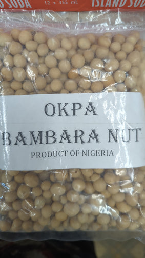 Packaged Bambara nuts with 'OKPA' label on a clear background